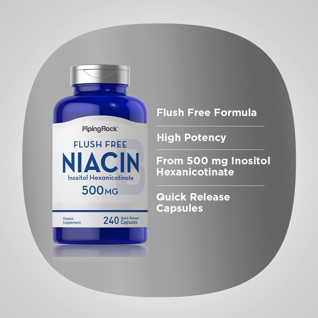 Flush Free Niacin 500mg Supplement - 240 Capsules, Vitamin B3, Non-GMO, Gluten Free