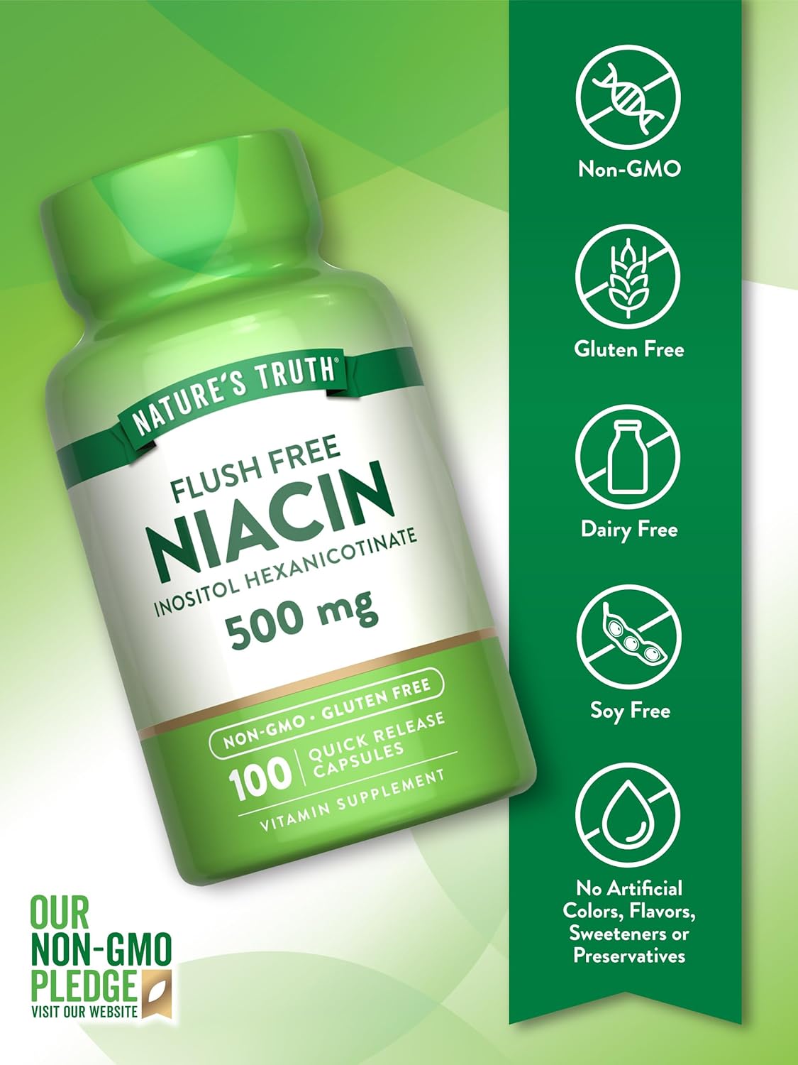 Flush-Free Niacin Capsules | 500mg | 100 Count | Non-GMO & Gluten-Free