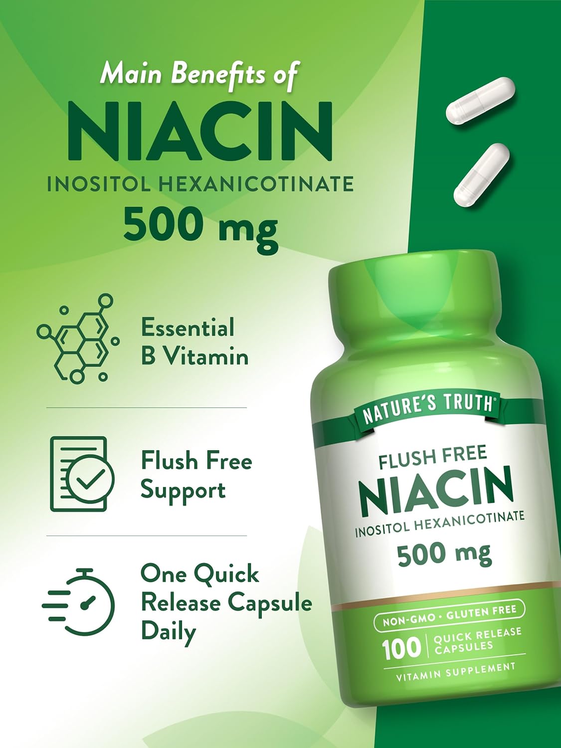 Flush-Free Niacin Capsules | 500mg | 100 Count | Non-GMO & Gluten-Free
