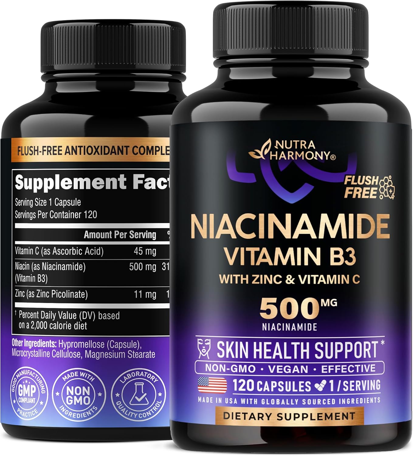 Flush-Free Niacinamide 500mg Supplement for Clear Skin & Antioxidant Support - Zinc, Vitamin C - Vegan - USA Made - 120 Capsules