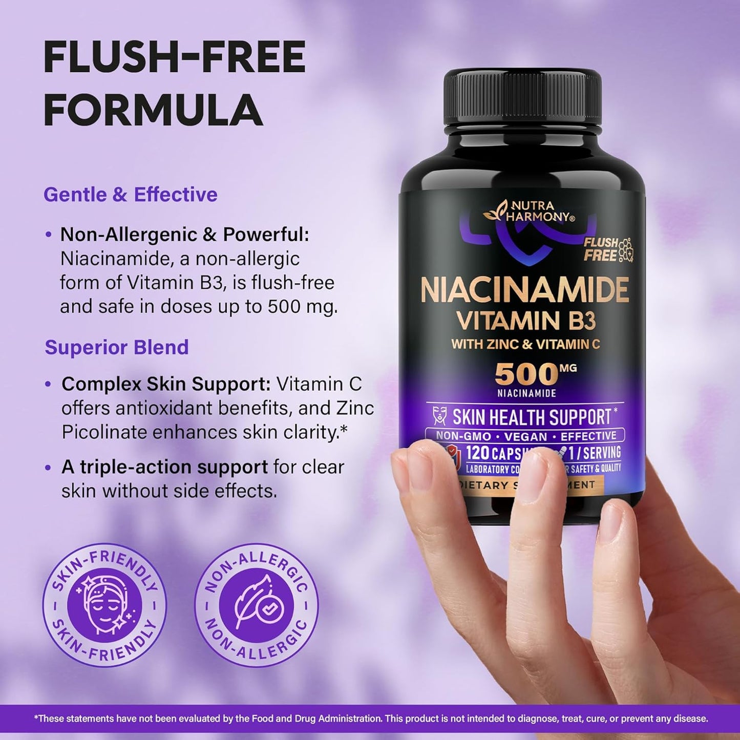 Flush-Free Niacinamide 500mg Supplement for Clear Skin & Antioxidant Support - Zinc, Vitamin C - Vegan - USA Made - 120 Capsules