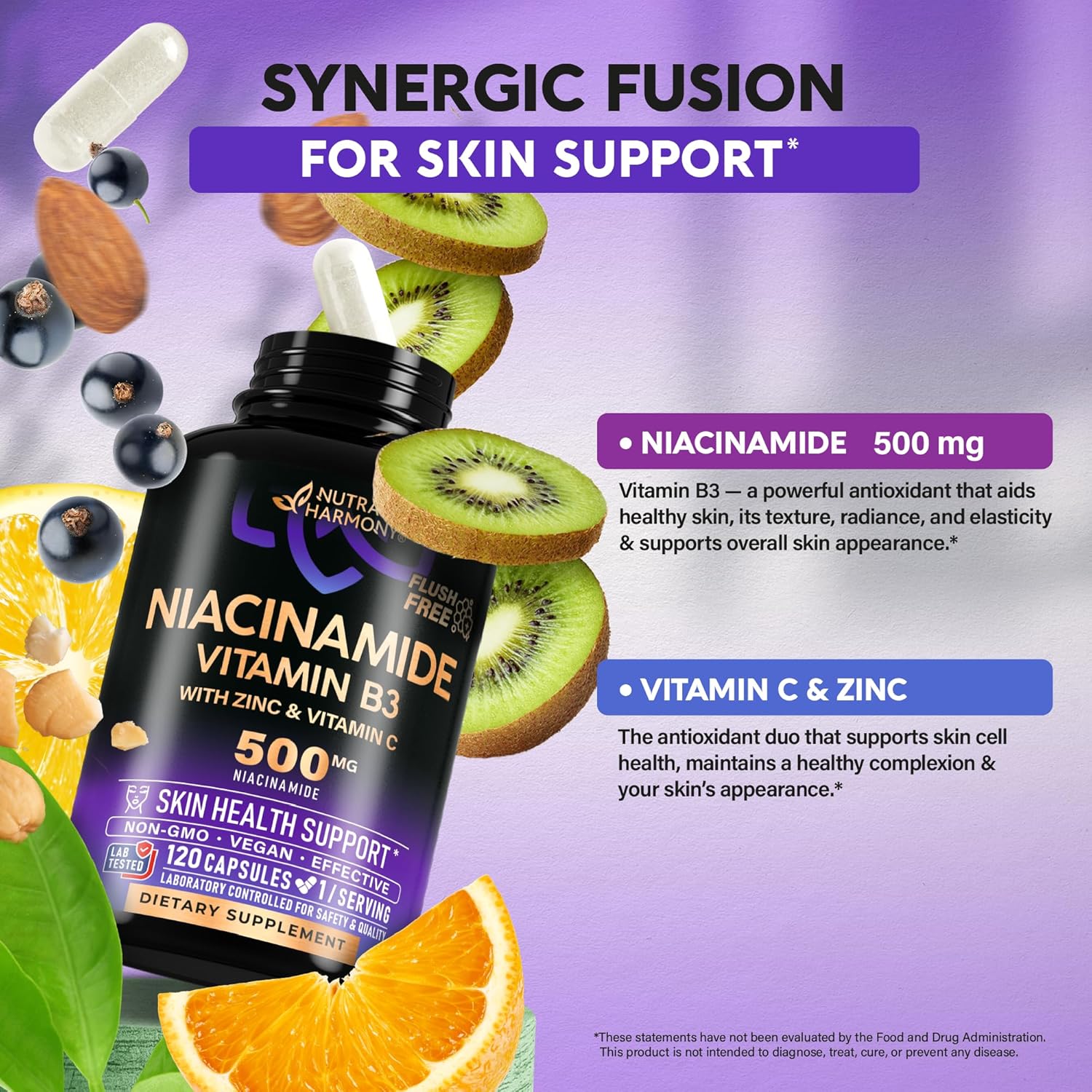 Flush-Free Niacinamide 500mg Supplement for Clear Skin & Antioxidant Support - Zinc, Vitamin C - Vegan - USA Made - 120 Capsules