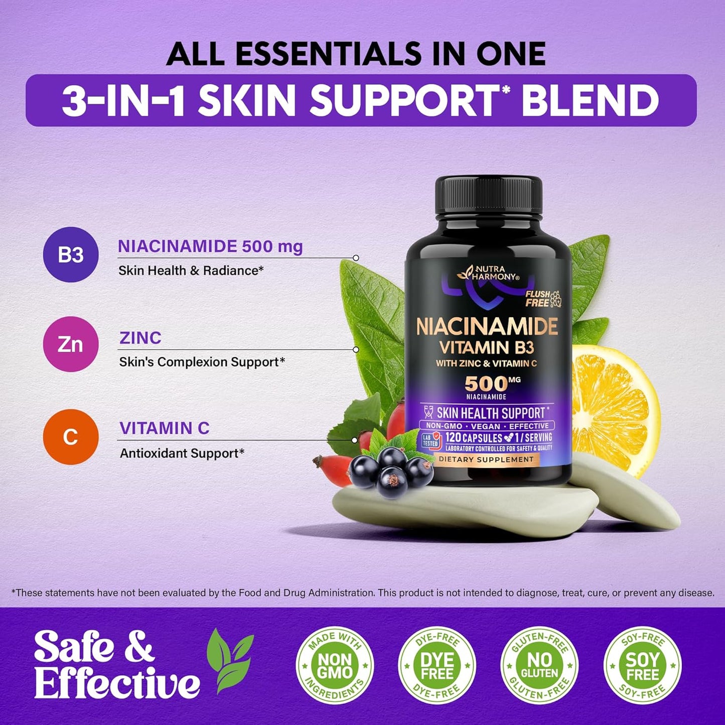 Flush-Free Niacinamide 500mg Supplement for Clear Skin & Antioxidant Support - Zinc, Vitamin C - Vegan - USA Made - 120 Capsules