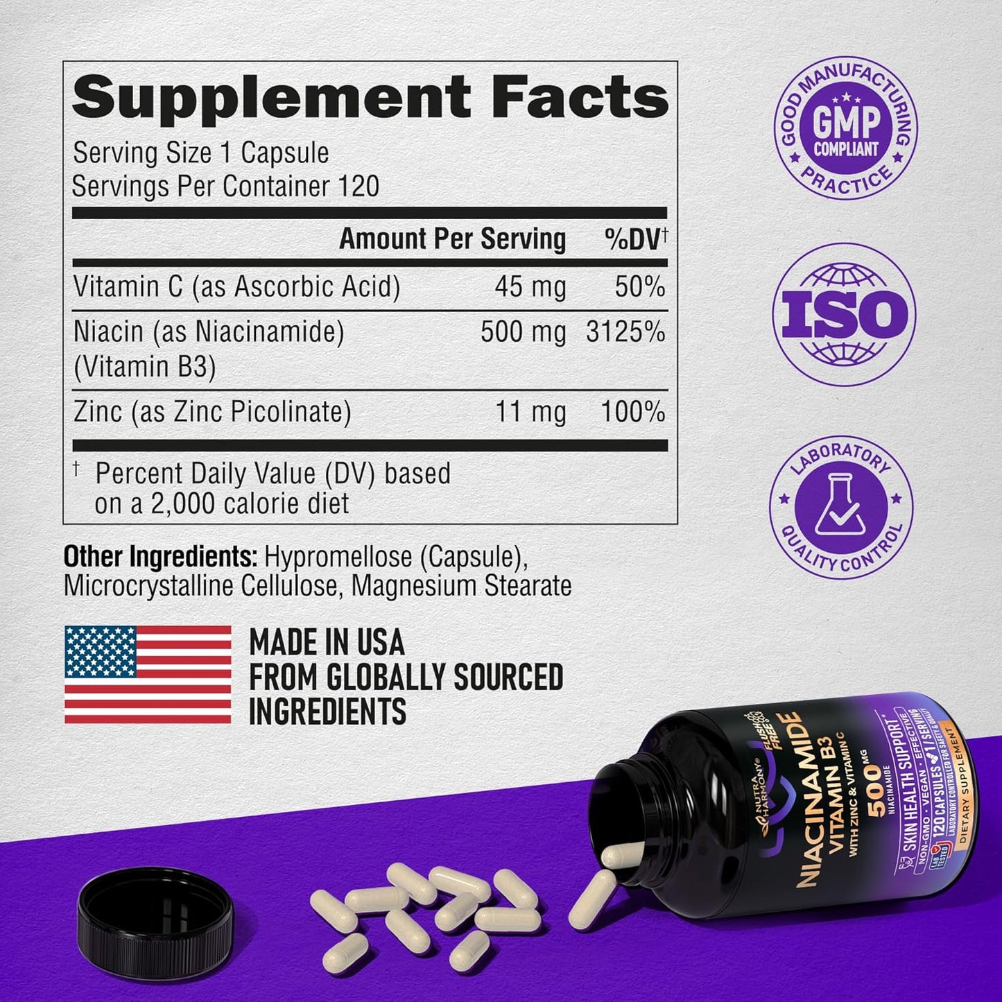 Flush-Free Niacinamide 500mg Supplement for Clear Skin & Antioxidant Support - Zinc, Vitamin C - Vegan - USA Made - 120 Capsules