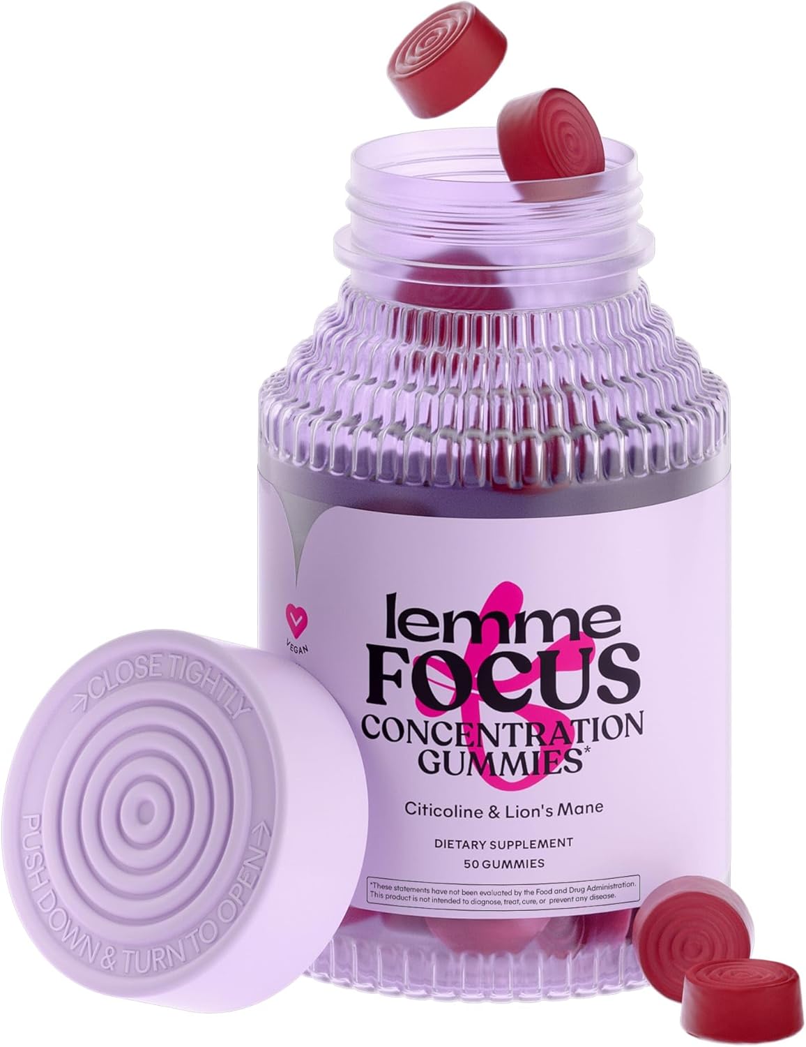 Focus & Brain Health Gummies with Cognizin Citicoline, Lion's Mane Mushroom, Vitamin B12 - Vegan, Gluten Free, Caffeine Free - Strawberry Flavor - 50 Count