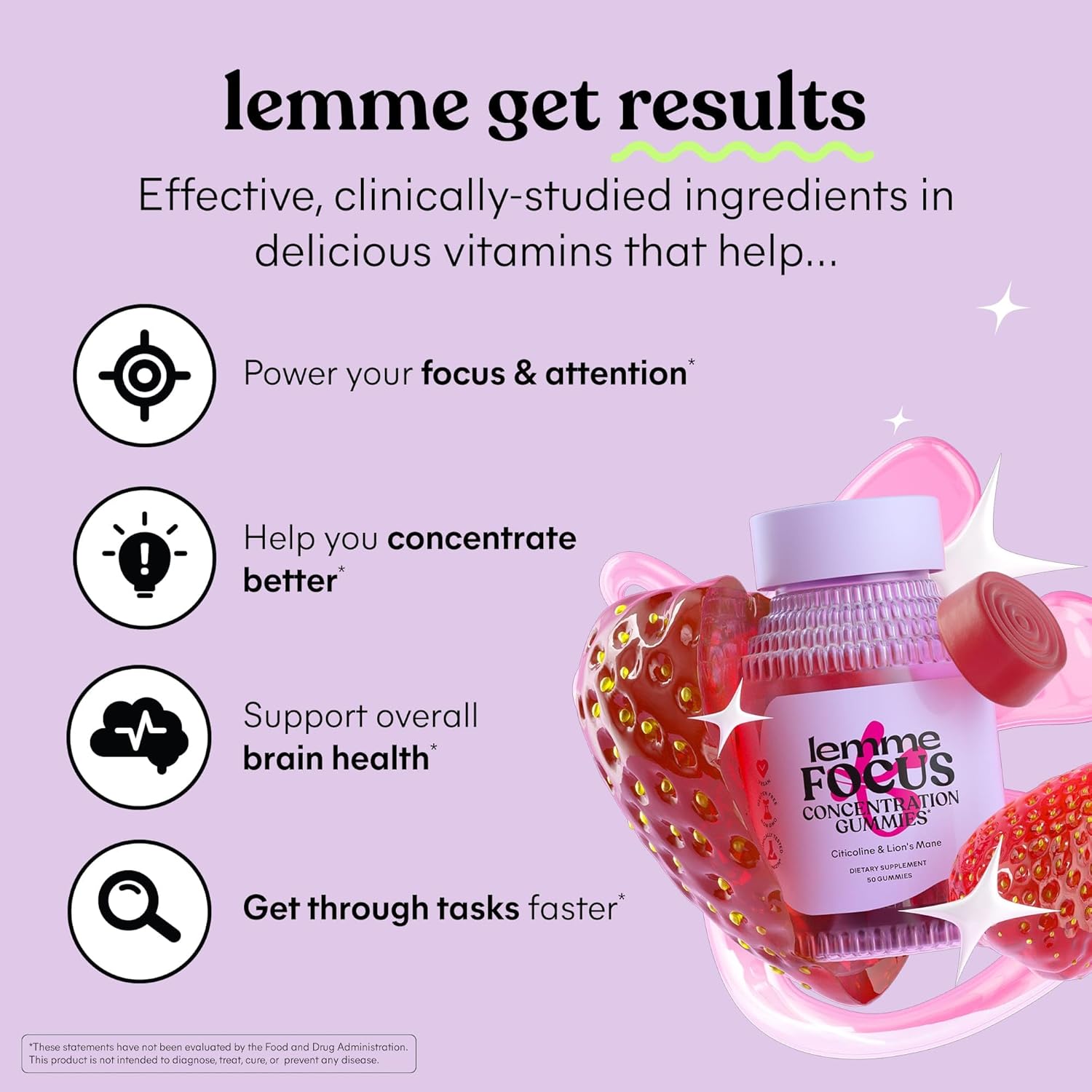 Focus & Brain Health Gummies with Cognizin Citicoline, Lion's Mane Mushroom, Vitamin B12 - Vegan, Gluten Free, Caffeine Free - Strawberry Flavor - 50 Count