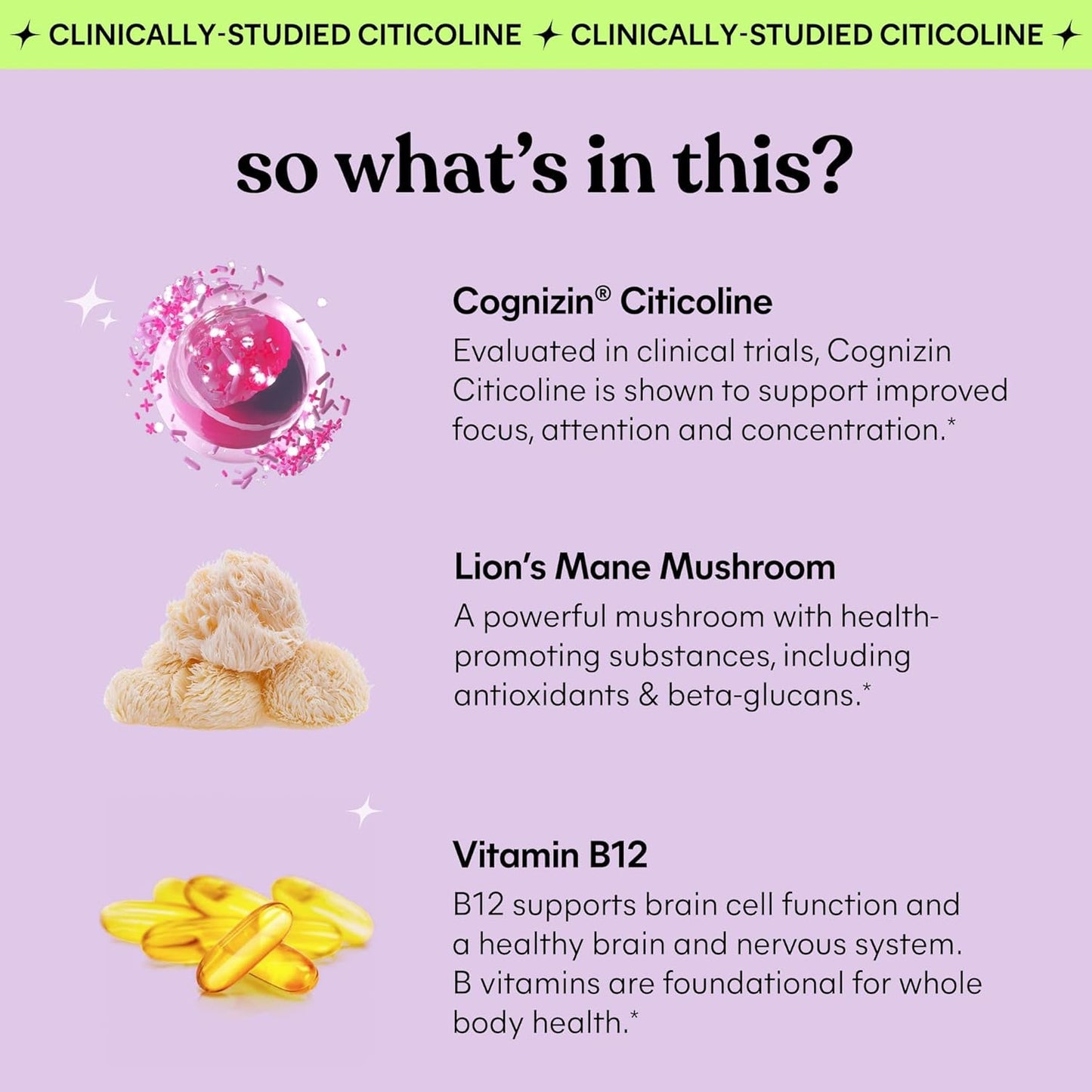 Focus & Brain Health Gummies with Cognizin Citicoline, Lion's Mane Mushroom, Vitamin B12 - Vegan, Gluten Free, Caffeine Free - Strawberry Flavor - 50 Count