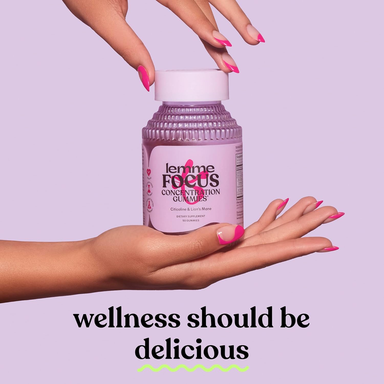 Focus & Brain Health Gummies with Cognizin Citicoline, Lion's Mane Mushroom, Vitamin B12 - Vegan, Gluten Free, Caffeine Free - Strawberry Flavor - 50 Count