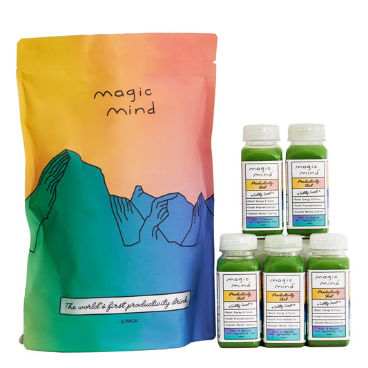 Focus Energy Shots with Ashwagandha, Mushrooms, Matcha, B12 & C - Stress Relief - No Jitters - 2oz (5 Pack)