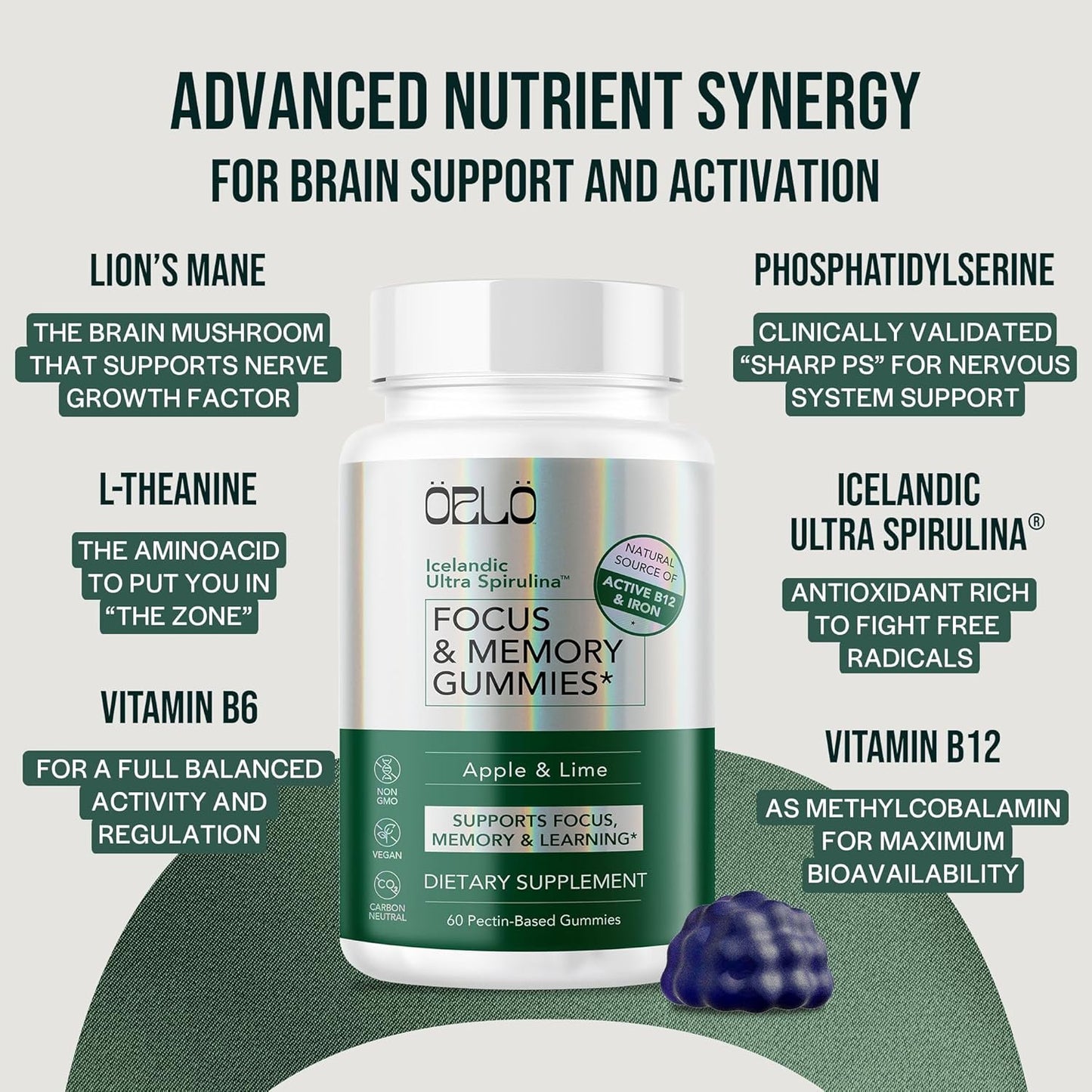 Focus & Memory Nootropic Gummies for Adults - Lion’s Mane, L-Theanine, Phosphatidylserine, Spirulina, Vitamins B6 & B12 - 60 Gummies