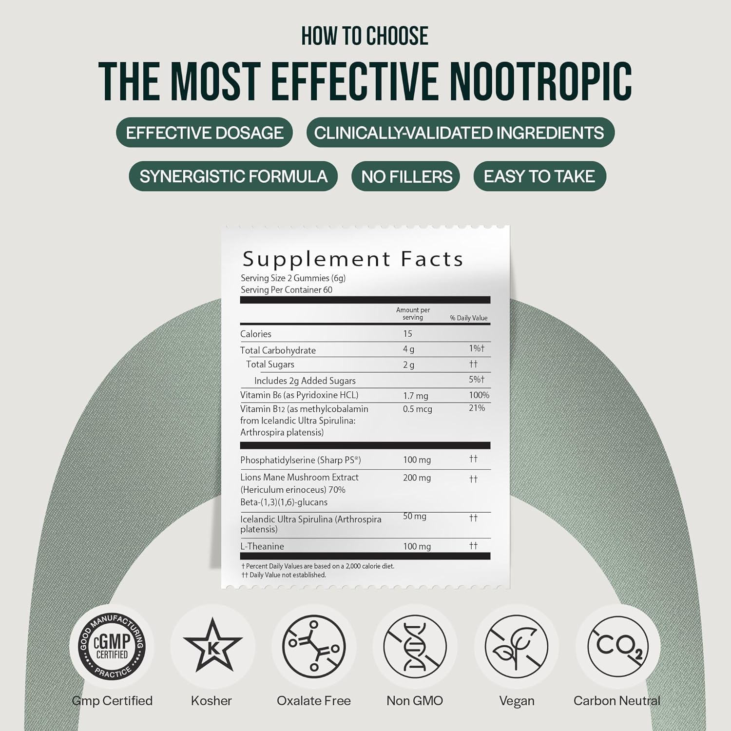 Focus & Memory Nootropic Gummies for Adults - Lion’s Mane, L-Theanine, Phosphatidylserine, Spirulina, Vitamins B6 & B12 - 60 Gummies