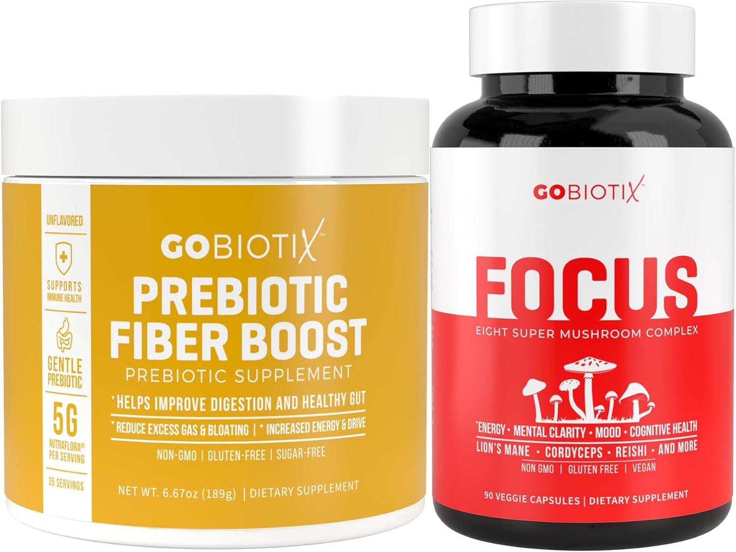 Focus Mushroom Complex & Fiber Supplement Bundle for Brain & Gut Wellness - 90 Capsules + 35 Servings
