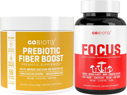 Focus Mushroom Complex & Fiber Supplement Bundle for Brain & Gut Wellness - 90 Capsules + 35 Servings