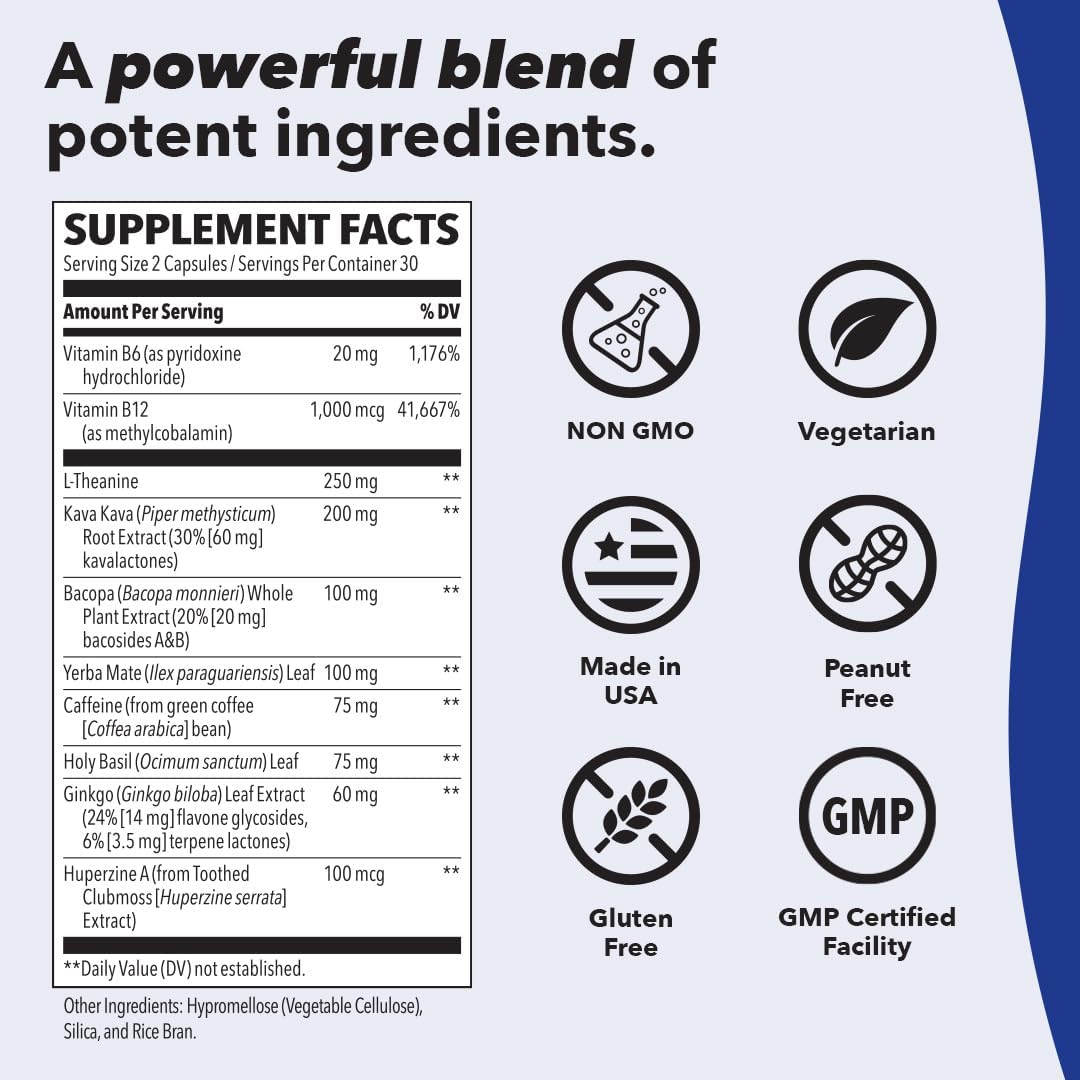 Focus-R Concentration Support Supplement for All Ages - Enhances Mental Performance, Focus, & Attention Span - Includes L-Theanine, Kava Kava, Bacopa, Vitamin B - 60 Capsules