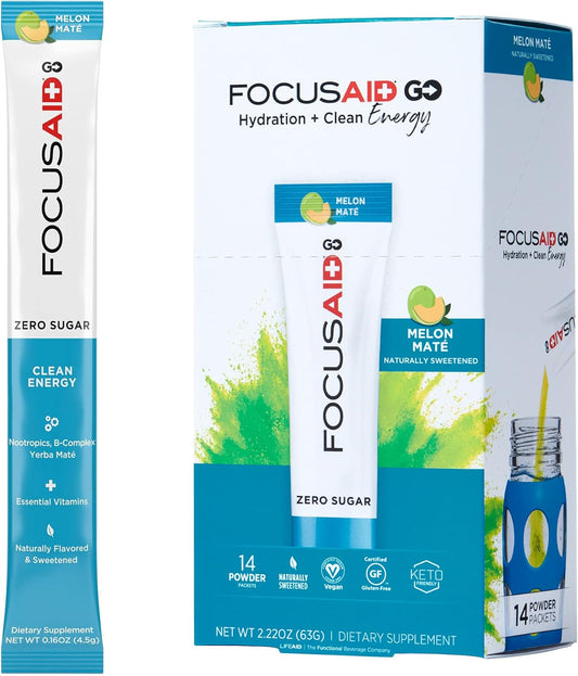 FOCUSAID GO Nootropic Energy Blend with Alpha-GPC, GABA, B-Complex, Yerba Mate, Green Tea - Zero Sugar, Keto Friendly - 100mg Caffeine - Pack of 14