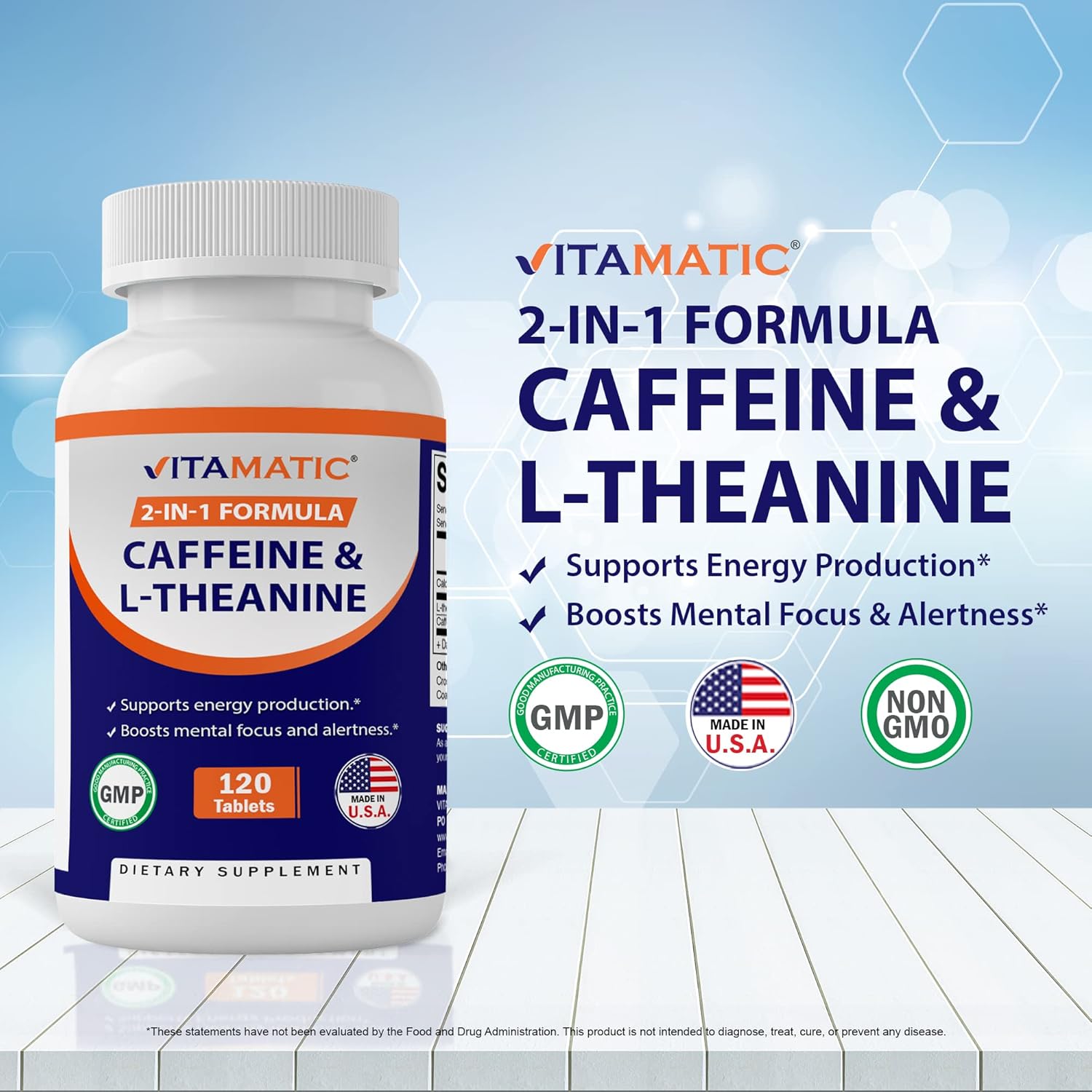 Focused Energy Nootropic Supplement - 2 Packs of 120 Vegetarian Caffeine Pills with L-Theanine - 300 mg per Tablet - Total 240 Tablets
