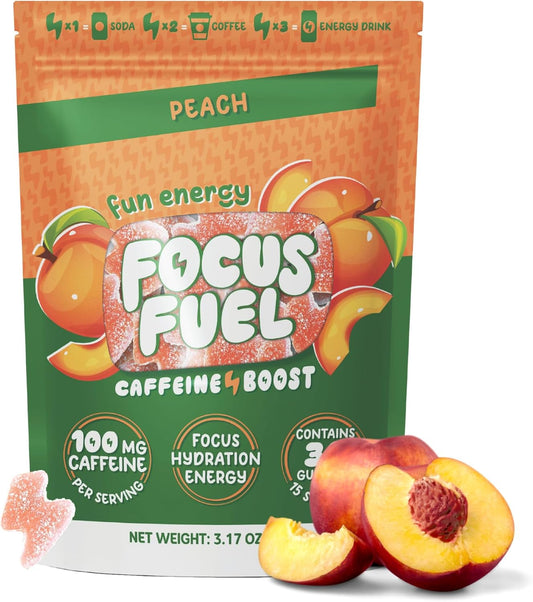 FocusFuel Energy Chews: Peach Flavored 3-in-1 Energy Gummies with 100mg Caffeine, B12, Magnesium, and Ashwagandha - Gluten-Free and All-Natural - 15 Servings