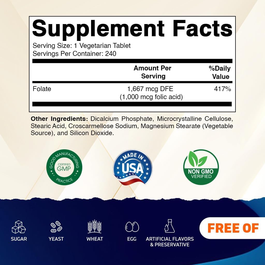 Folic Acid 1000 mcg Vegetarian Tablets, Vitamin B9 Supplement (720 Count)