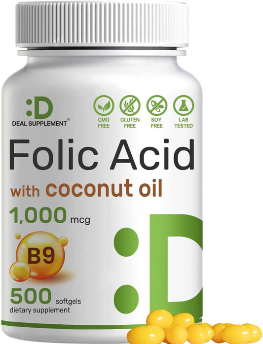 Folic Acid 1000 mcg with Coconut Oil Softgels for Prenatal Vitamins - 500 Capsules, Non-GMO, Gluten-Free, Easy to Swallow