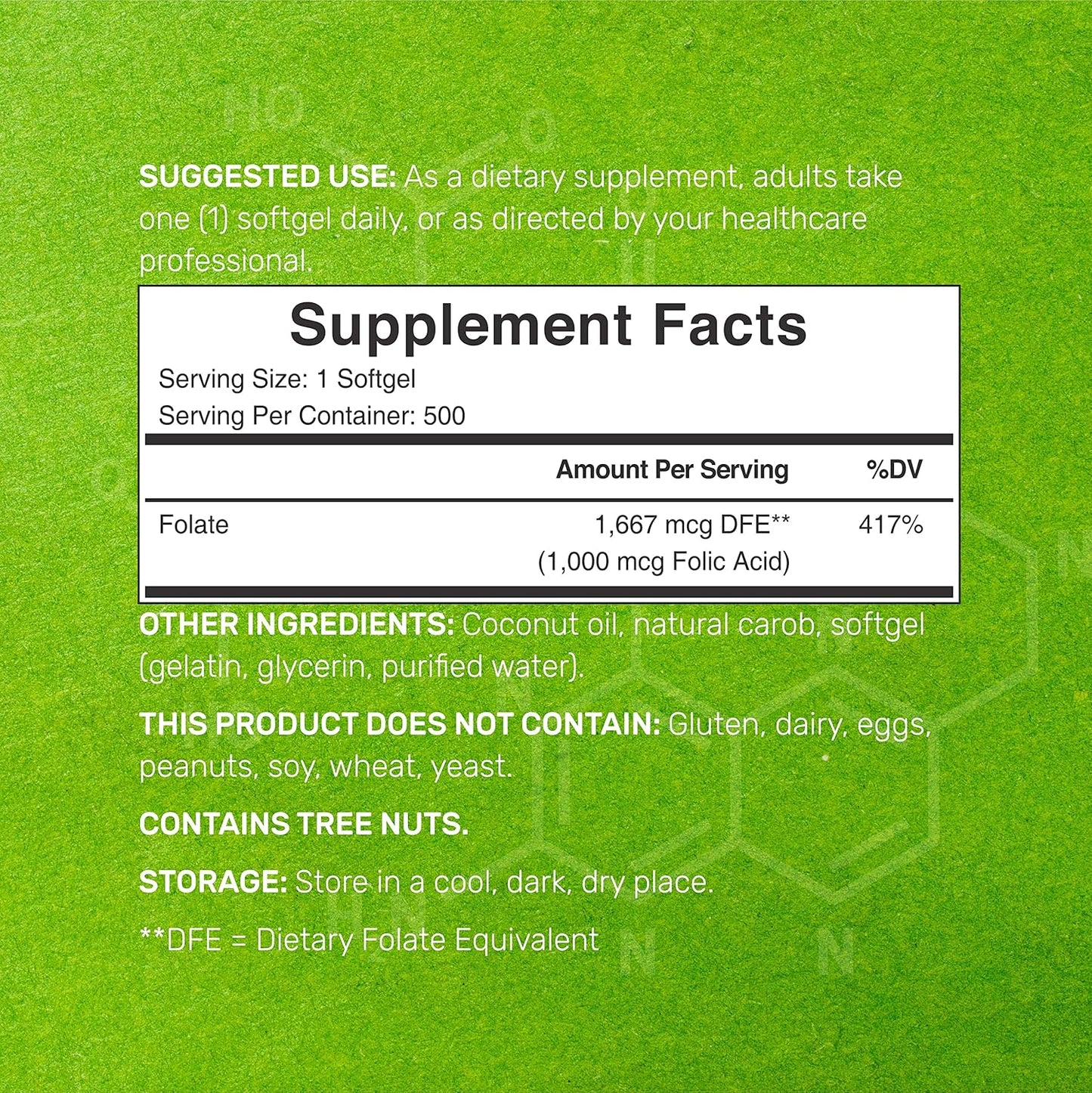 Folic Acid 1000 mcg with Coconut Oil Softgels for Prenatal Vitamins - 500 Capsules, Non-GMO, Gluten-Free, Easy to Swallow