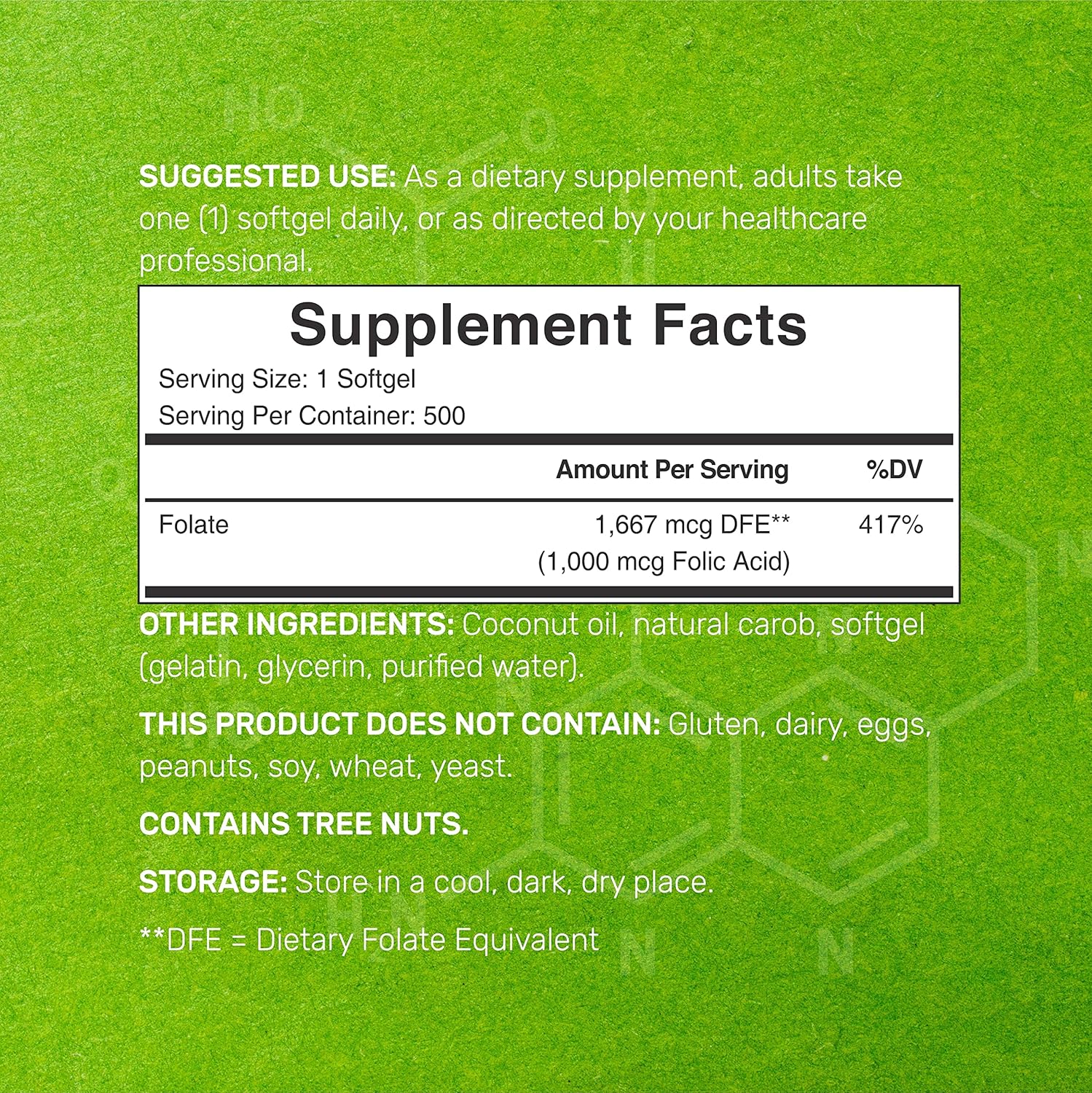 Folic Acid 1000 mcg with Coconut Oil Softgels for Prenatal Vitamins - 500 Capsules, Non-GMO, Gluten-Free, Easy to Swallow