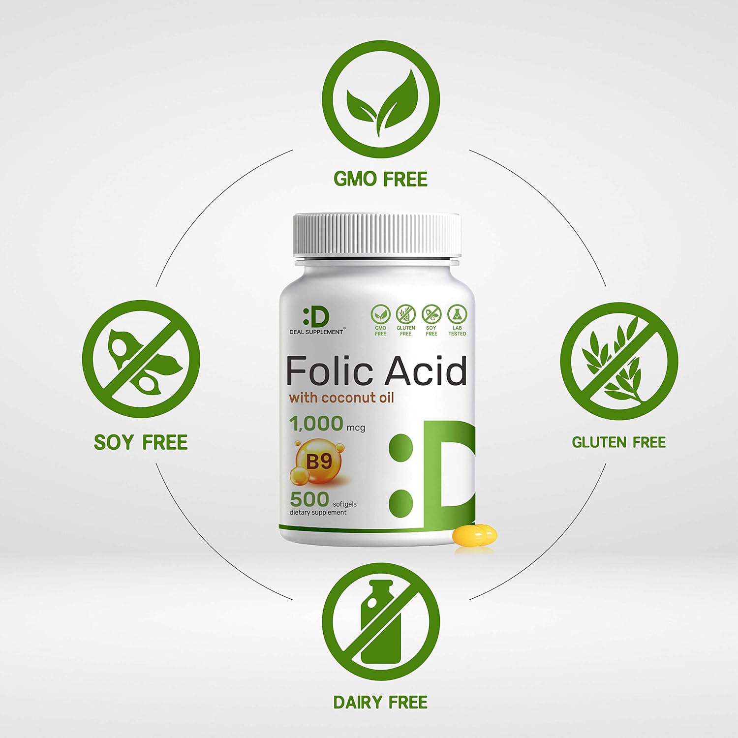 Folic Acid 1000 mcg with Coconut Oil Softgels for Prenatal Vitamins - 500 Capsules, Non-GMO, Gluten-Free, Easy to Swallow