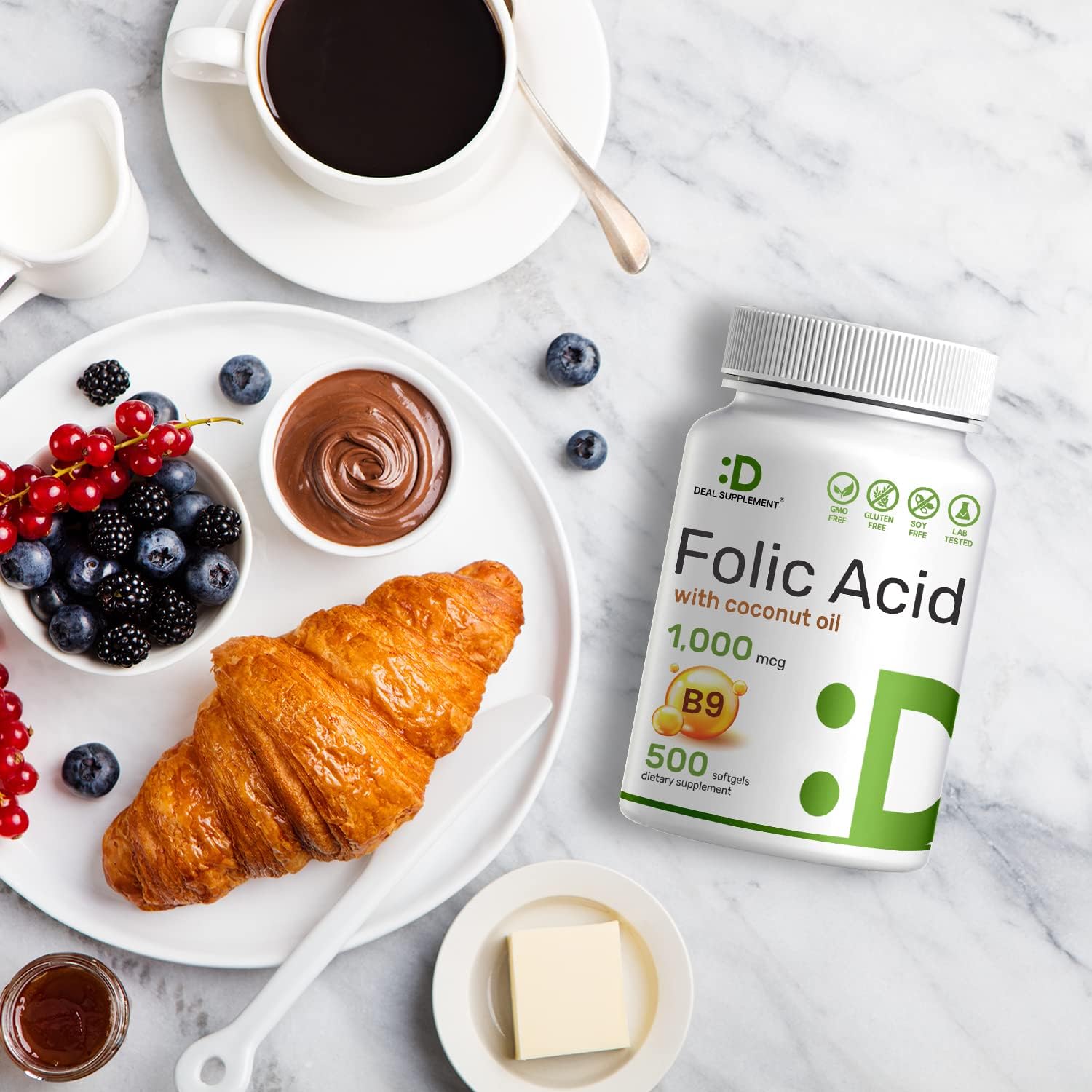 Folic Acid 1000 mcg with Coconut Oil Softgels for Prenatal Vitamins - 500 Capsules, Non-GMO, Gluten-Free, Easy to Swallow