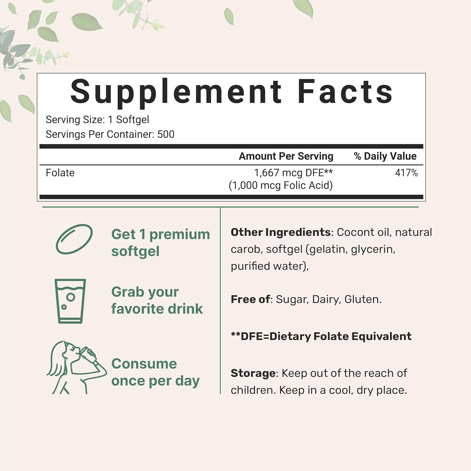 Folic Acid 1,000mcg with Coconut Oil Softgels - Essential Prenatal Vitamins - Third Party Tested, Non-GMO, Gluten Free