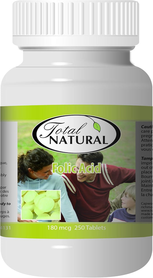 Folic Acid 180mcg Tablets - 250 Count Bottle - Promotes Healthy Red Blood Cell Development for Pregnant Women by Total Natural
