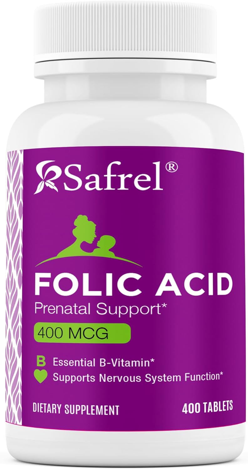 Folic Acid 400 mcg Tablets - Essential Prenatal and Postnatal Vitamin for Fetal Development, Red Blood Cell Production, Cell and Neural Development | Non-GMO, Vegan - Safrel