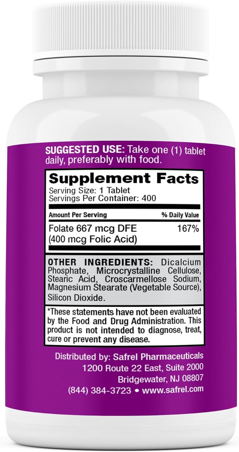 Folic Acid 400 mcg Tablets - Essential Prenatal and Postnatal Vitamin for Fetal Development, Red Blood Cell Production, Cell and Neural Development | Non-GMO, Vegan - Safrel