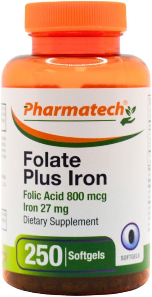 Folic Acid 800 mcg + Iron 27 mg Women's Supplement - Vitamin B9, Prenatal Folate, Fast Absorption - 250 Softgels, USA Made