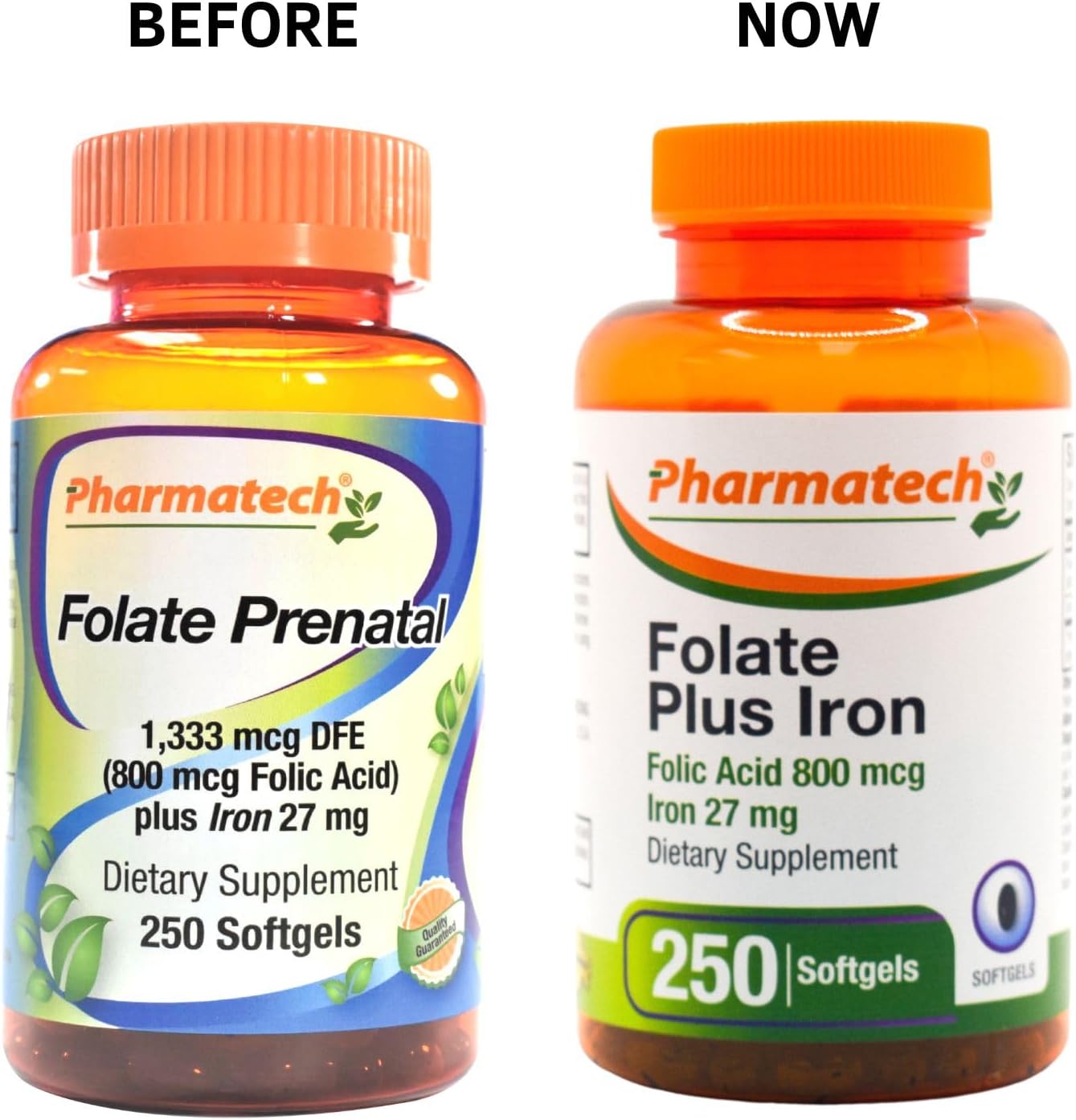 Folic Acid 800 mcg + Iron 27 mg Women's Supplement - Vitamin B9, Prenatal Folate, Fast Absorption - 250 Softgels, USA Made