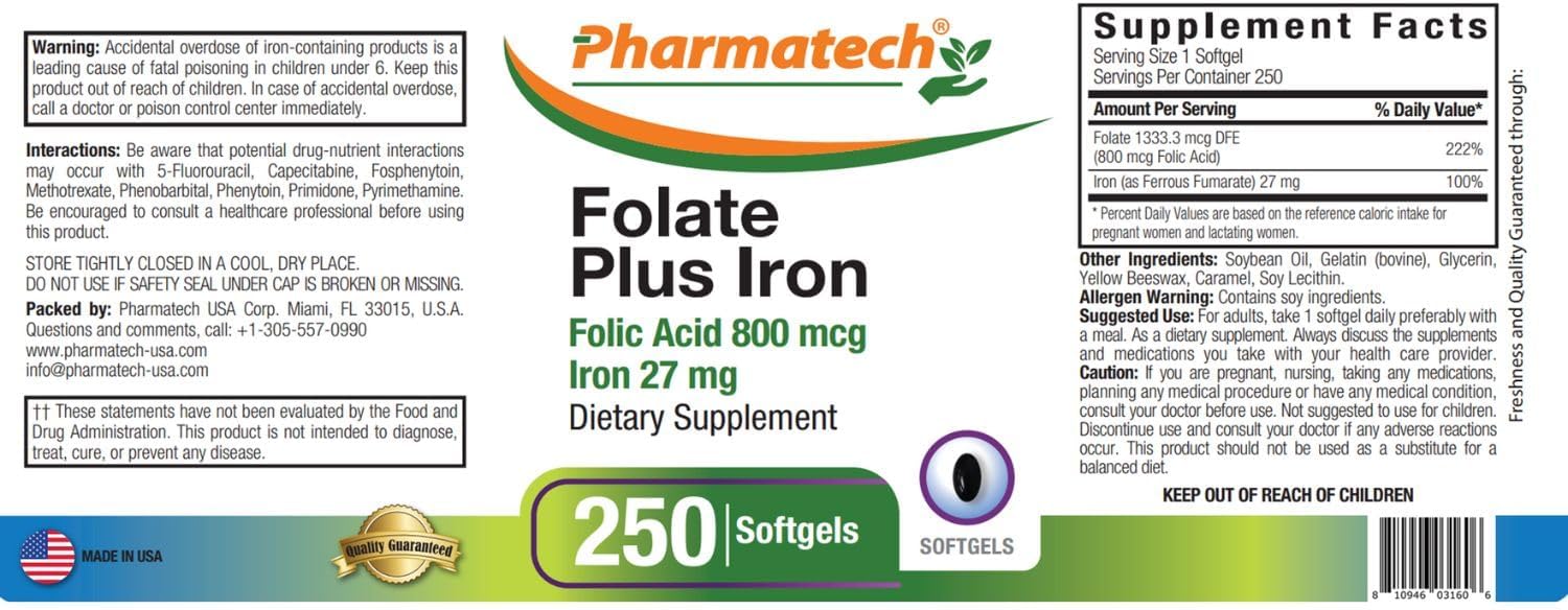 Folic Acid 800 mcg + Iron 27 mg Women's Supplement - Vitamin B9, Prenatal Folate, Fast Absorption - 250 Softgels, USA Made