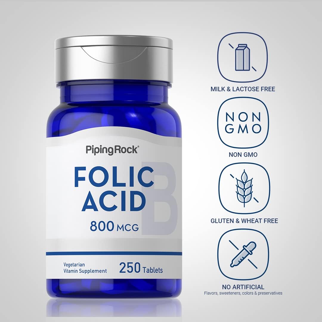 Folic Acid 800 mcg Supplement 250 Tablets Capsules Vegetarian Non-GMO Gluten Free