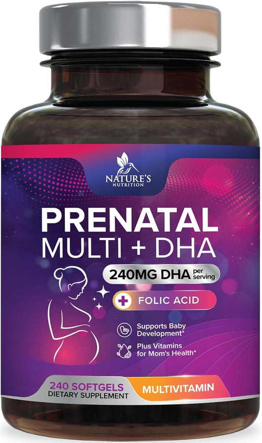 Folic Acid + DHA Prenatal Multivitamin for Women, 240 Softgels - Folate, Omega 3, Vitamins D3, B6, B12 & Iron - Pregnancy Support