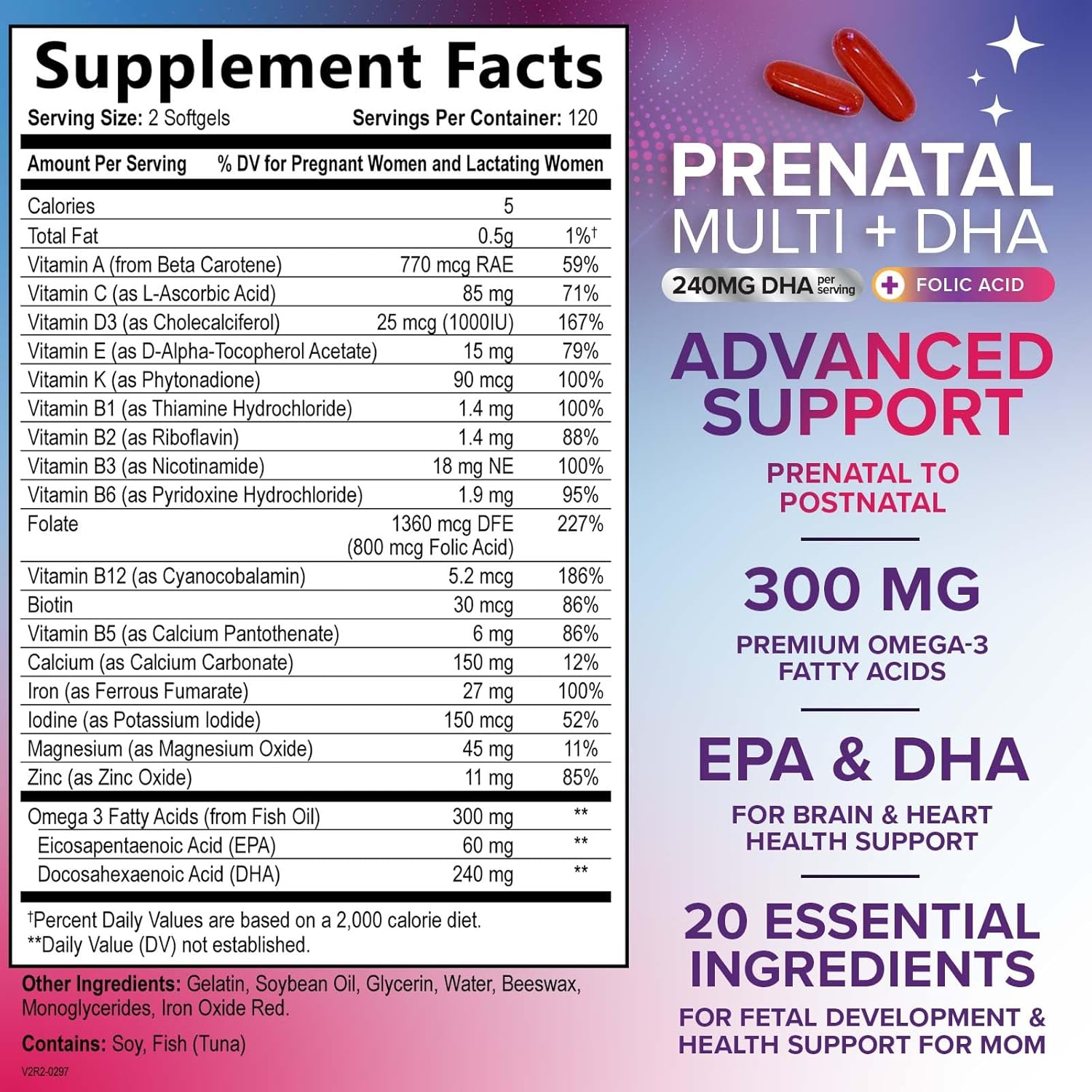 Folic Acid + DHA Prenatal Multivitamin for Women, 240 Softgels - Folate, Omega 3, Vitamins D3, B6, B12 & Iron - Pregnancy Support