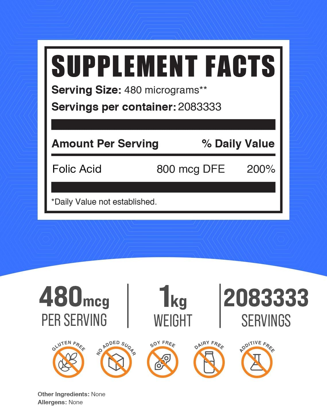Folic Acid Powder Supplement - 800mcg Vitamin B9 for Prenatal Use - Gluten Free, 1kg (2.2 lbs) Pack of 1