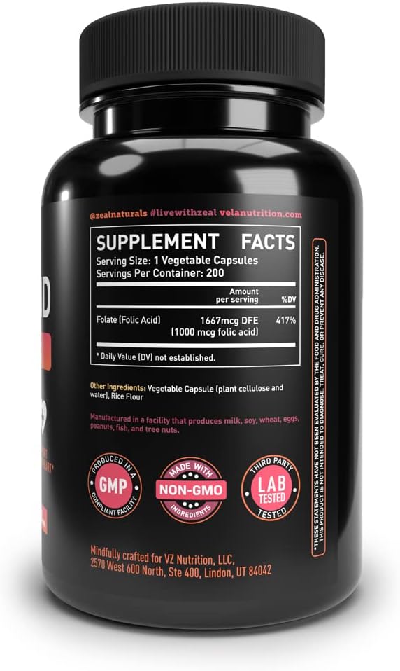 Folic Acid Supplement 1,000 mcg - 200 Capsules for Heart & Prenatal Support - Non-GMO, Third Party Tested