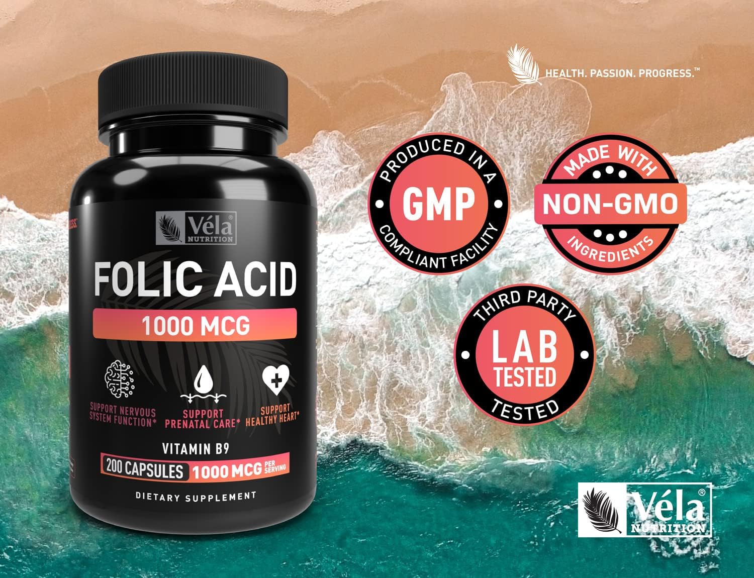 Folic Acid Supplement 1,000 mcg - 200 Capsules for Heart & Prenatal Support - Non-GMO, Third Party Tested