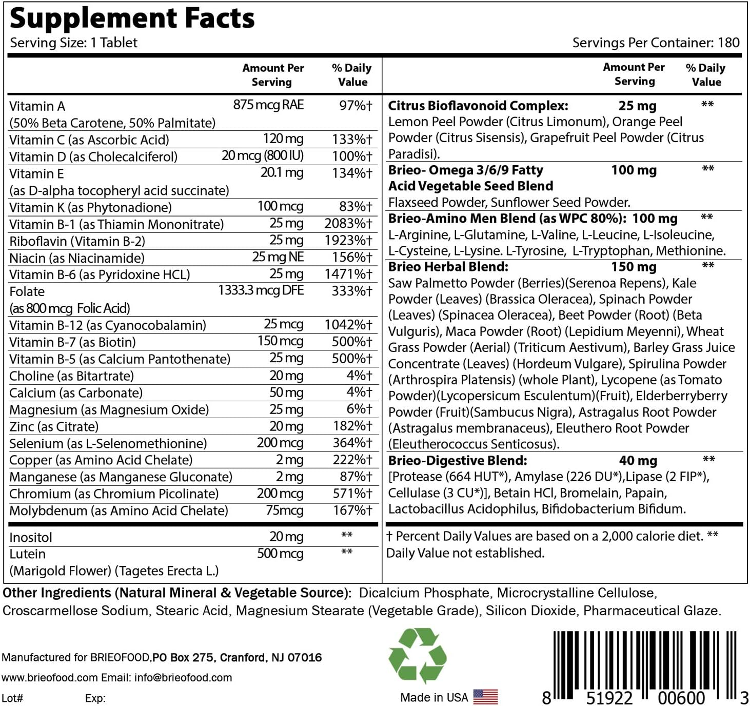 Food-Based Men's Multi Supplement with Omegas - Brieofood BRIOFOOD 180 Tablets