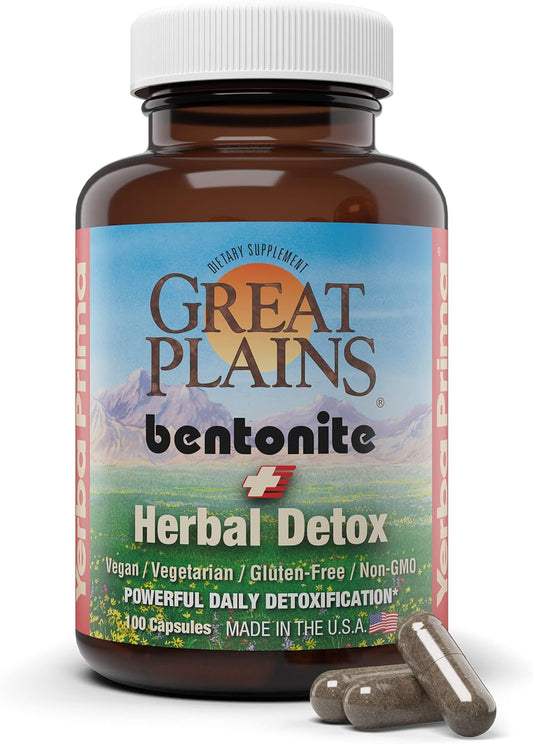 Food Grade Bentonite Clay Capsules for Colon & Liver Cleanse - Herbal Detox Supplement with Calcium Clay - 100 Veg Capsules from Great Plains, USA by Yerba Prima