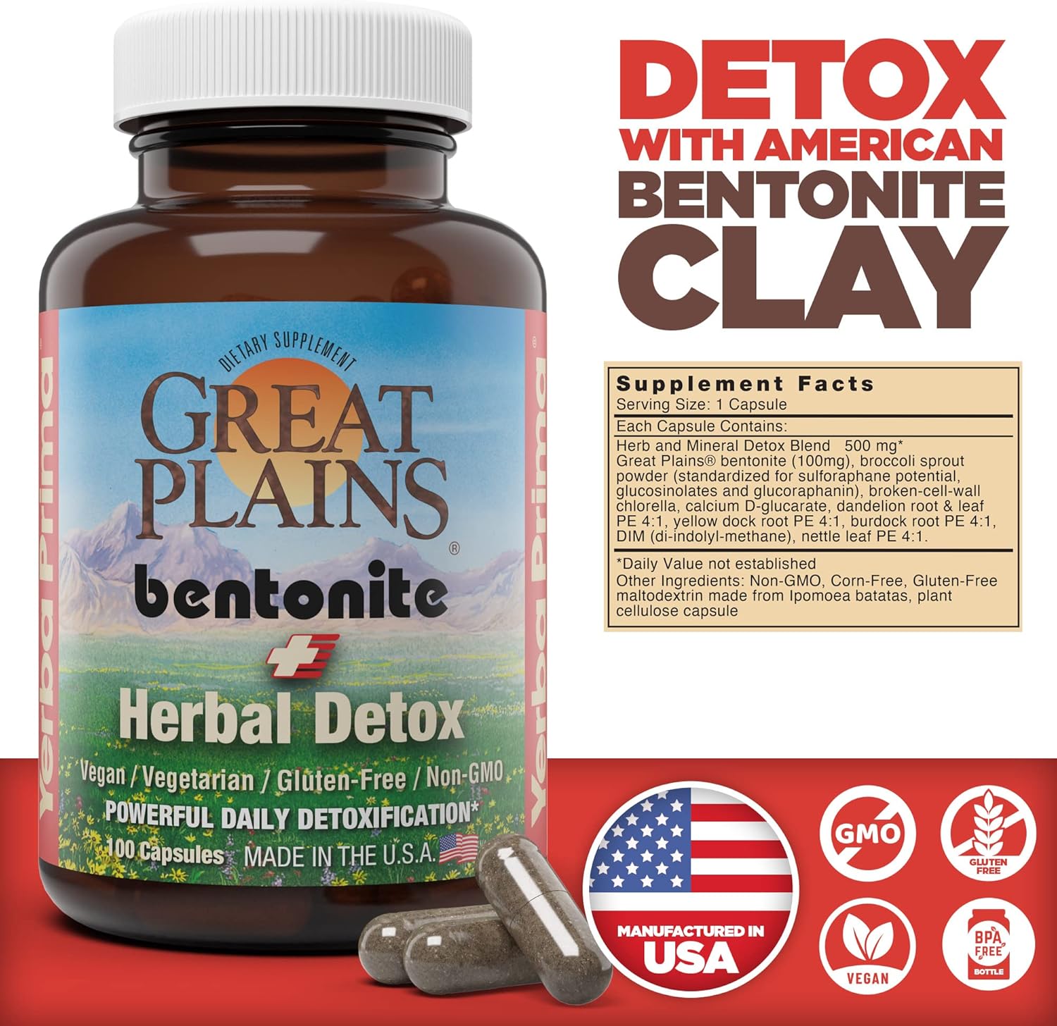 Food Grade Bentonite Clay Capsules for Colon & Liver Cleanse - Herbal Detox Supplement with Calcium Clay - 100 Veg Capsules from Great Plains, USA by Yerba Prima