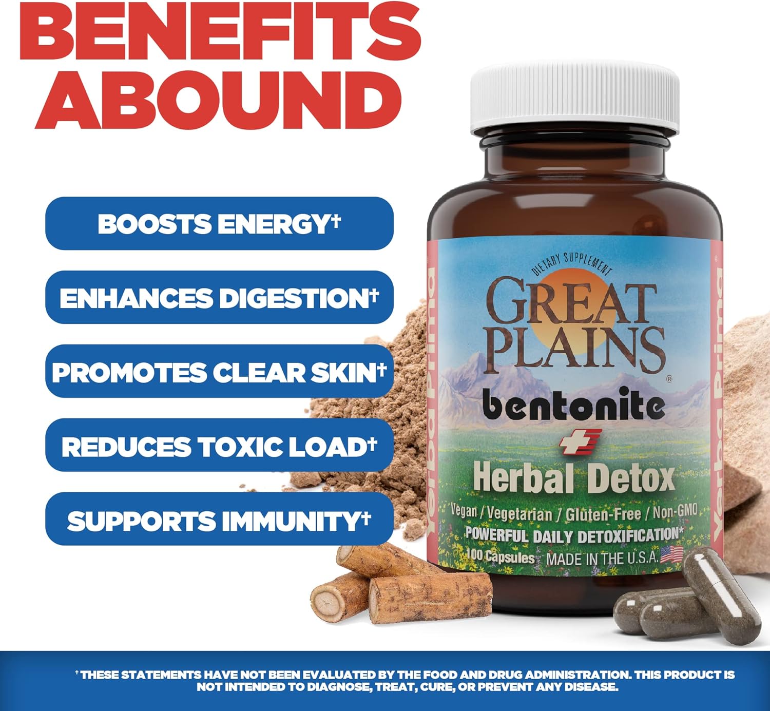 Food Grade Bentonite Clay Capsules for Colon & Liver Cleanse - Herbal Detox Supplement with Calcium Clay - 100 Veg Capsules from Great Plains, USA by Yerba Prima
