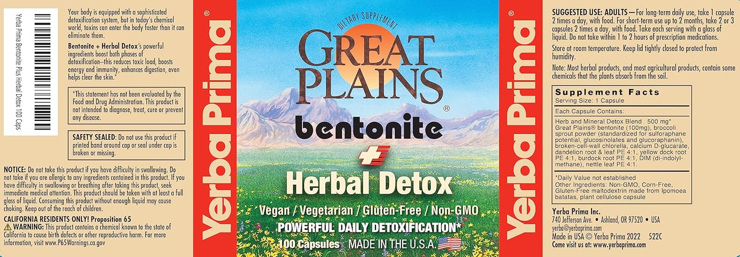 Food Grade Bentonite Clay Capsules for Colon & Liver Cleanse - Herbal Detox Supplement with Calcium Clay - 100 Veg Capsules from Great Plains, USA by Yerba Prima