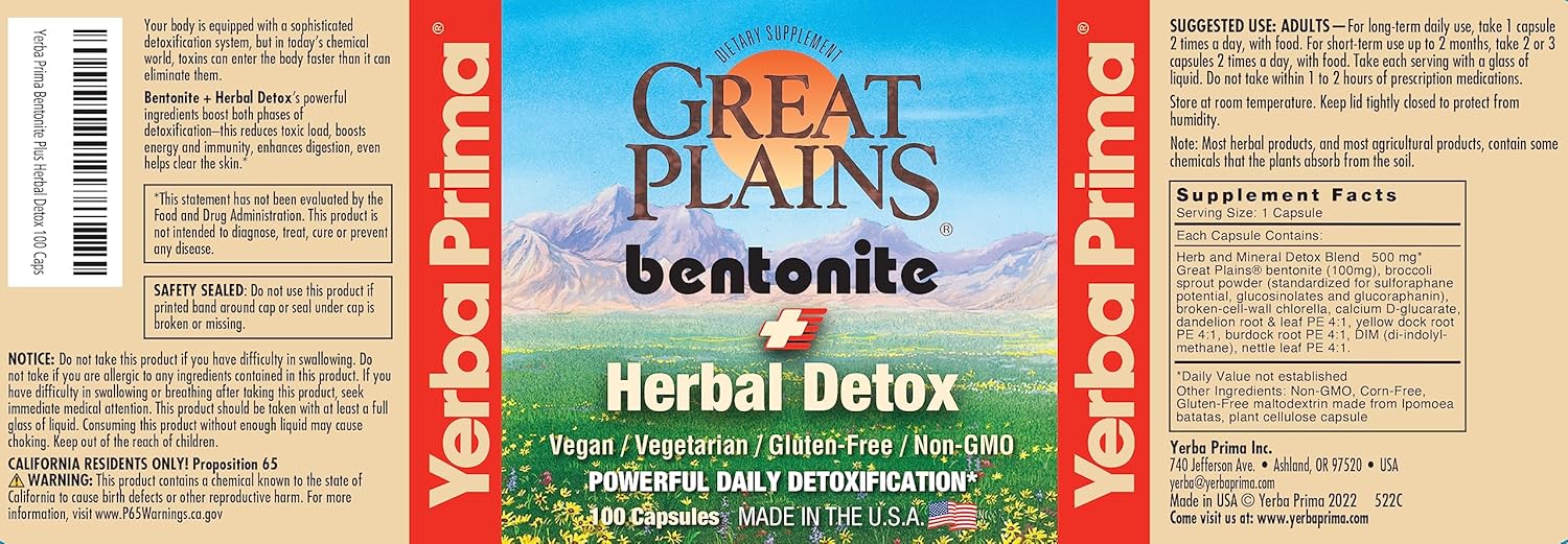 Food Grade Bentonite Clay Capsules for Colon & Liver Cleanse - Herbal Detox Supplement with Calcium Clay - 100 Veg Capsules from Great Plains, USA by Yerba Prima