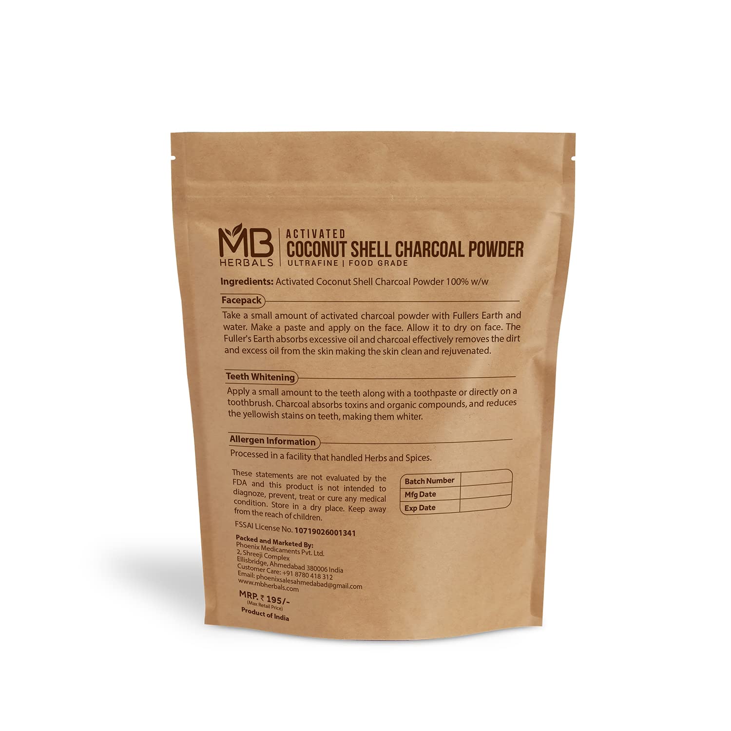 Food Grade Coconut Charcoal Powder for Detox, Face Packs, Masks, Soap Making, Toothpowder - 3.5 oz (100g) by MB Herbals