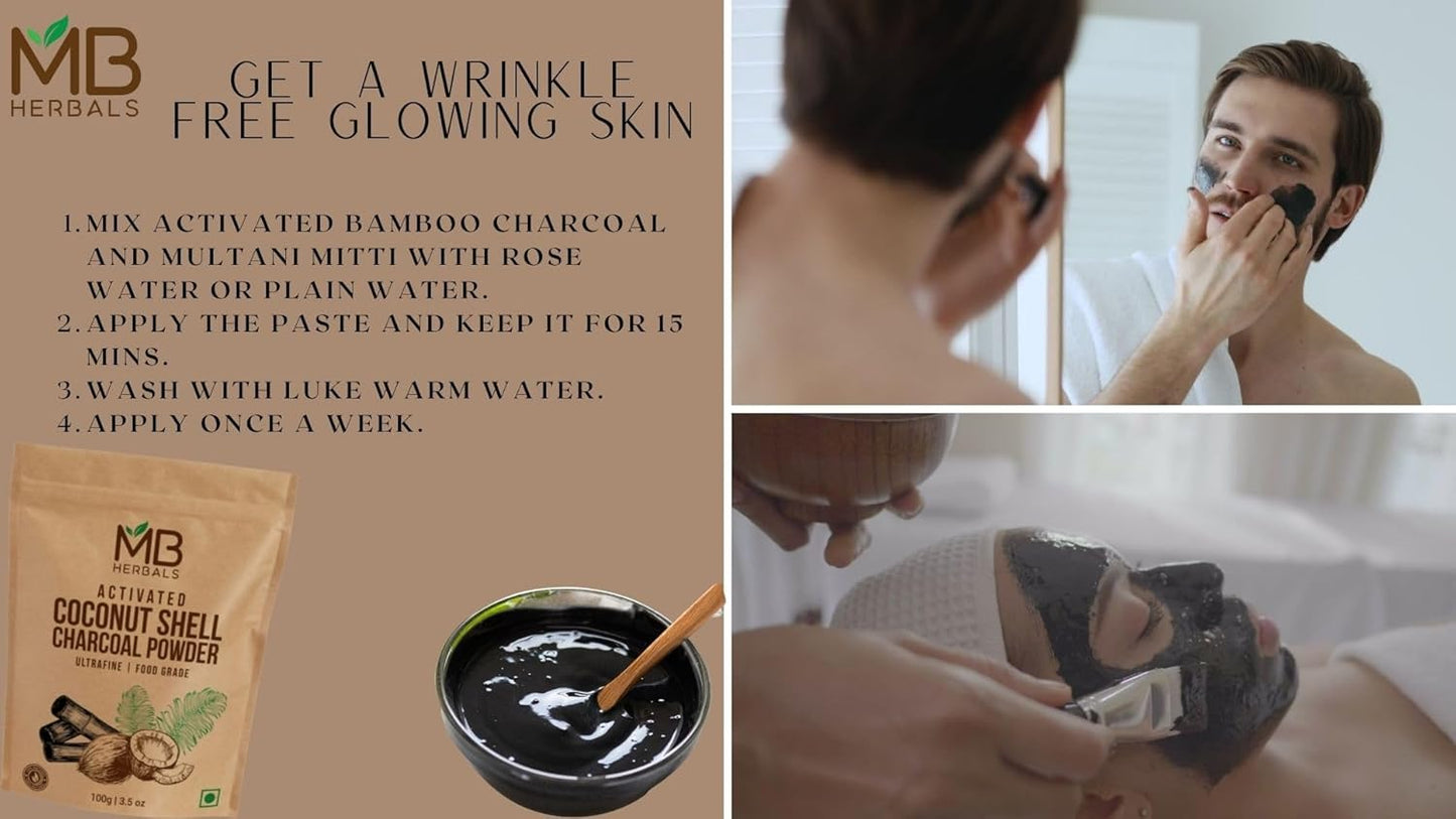 Food Grade Coconut Charcoal Powder for Detox, Face Packs, Masks, Soap Making, Toothpowder - 3.5 oz (100g) by MB Herbals