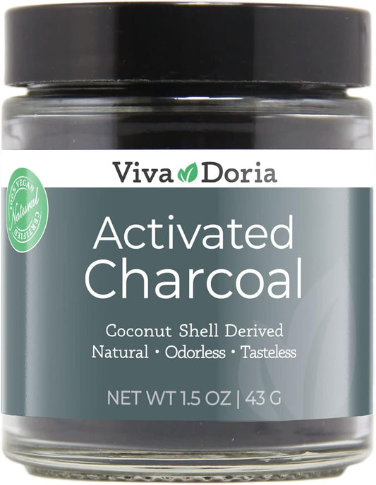 Food Grade Virgin Activated Charcoal Powder - 1.5 Oz Glass Jar - Coconut Shell Derived - Viva Doria