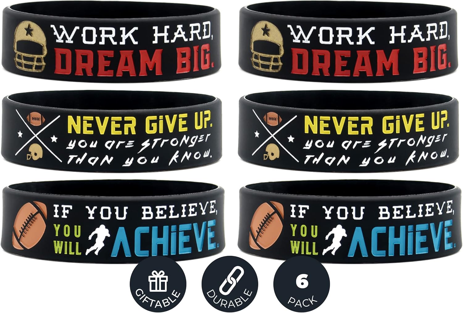 Football Motivational Wristbands Set (6-Pack) with Sports Quotes - Football Gifts for Players - Unisex Accessories for Men, Women, Youth, Teen Girls, Boys - Team Awards & Party Favors